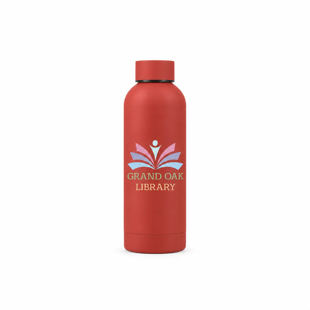 17oz red matte stainless steel bottle, custom Grand Oak Library logo