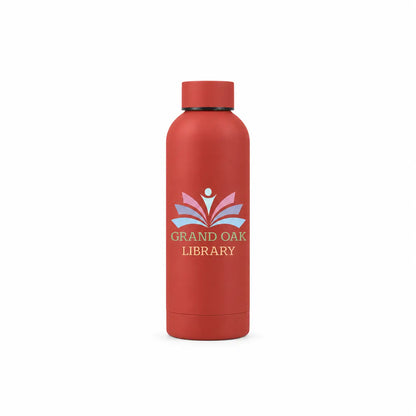 17oz red matte stainless steel bottle, custom Grand Oak Library logo