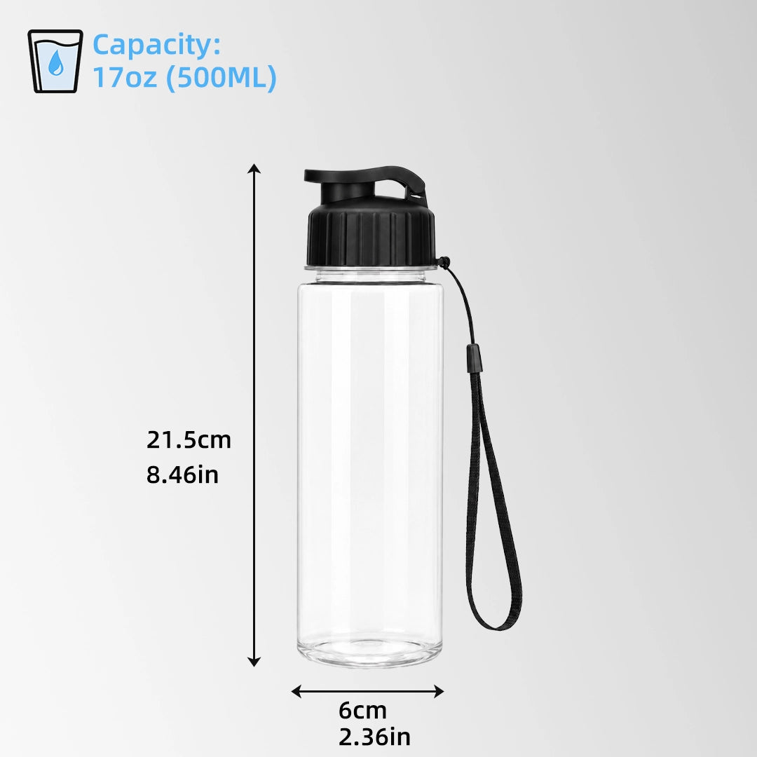 17 oz flip-top plastic water bottle size chart in black