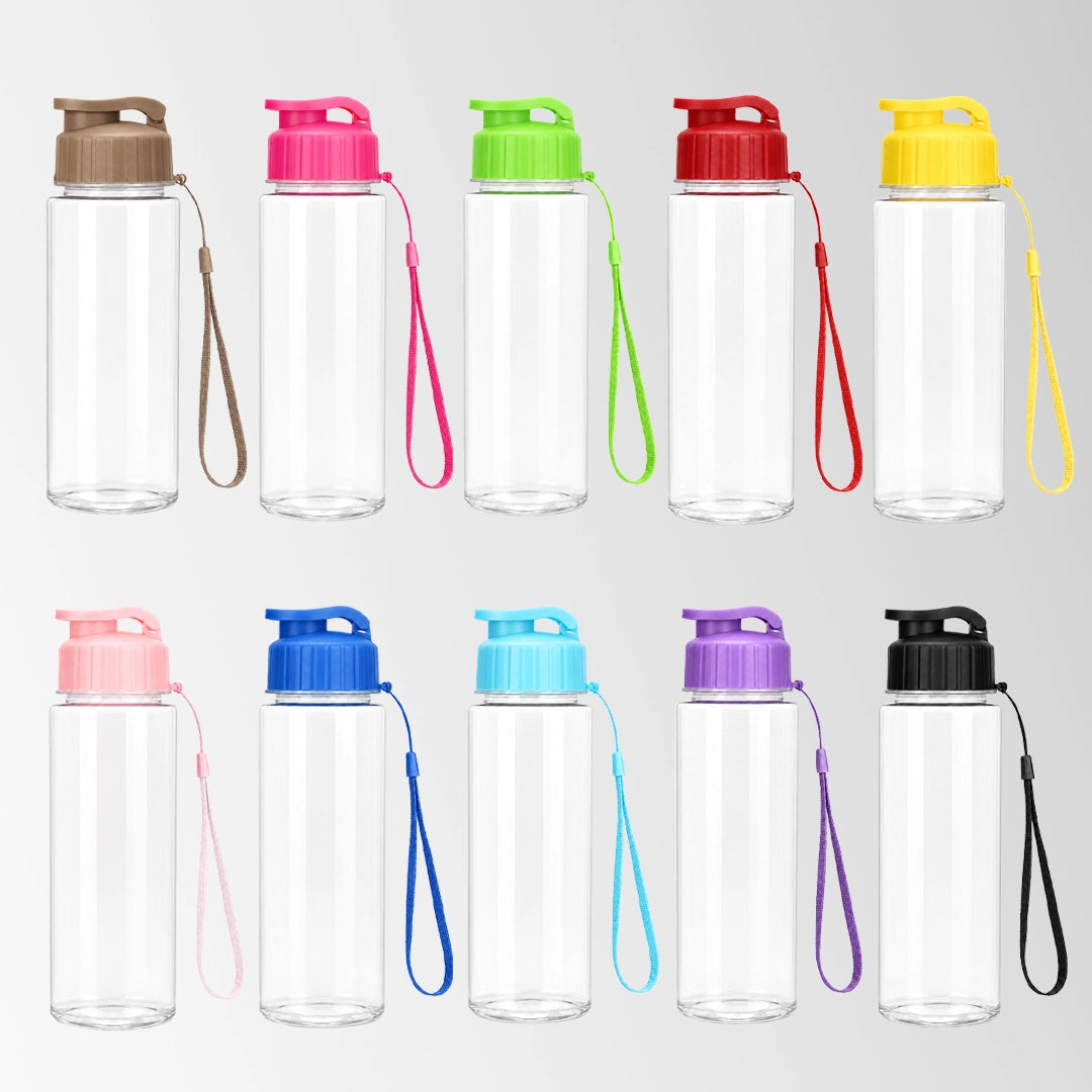 17 oz flip-top plastic water bottles with carry strap in multiple colors