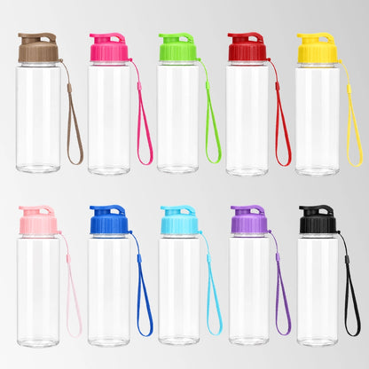17 oz flip-top plastic water bottles with carry strap in multiple colors