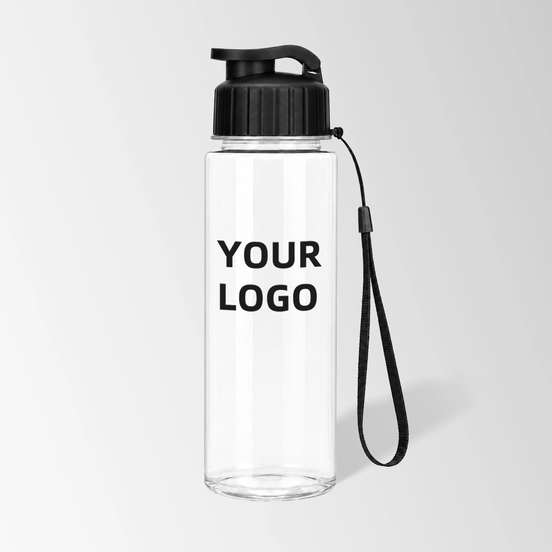 17 oz flip-top plastic water bottle with carry strap in black