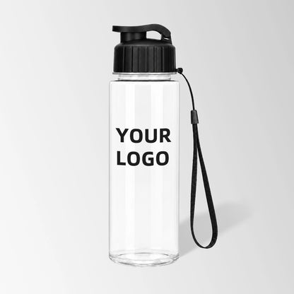 17 oz flip-top plastic water bottle with carry strap in black
