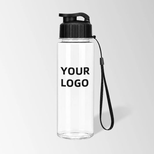 17 oz flip-top plastic water bottle with carry strap in black