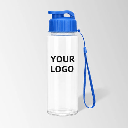 17 oz flip-top plastic water bottle with carry strap in blue