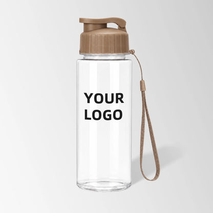 17 oz flip-top plastic water bottle with carry strap in brown