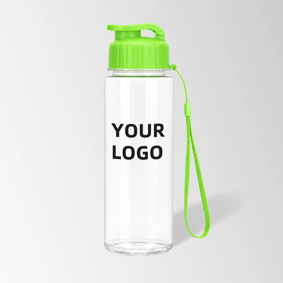 17 oz flip-top plastic water bottle with carry strap in green