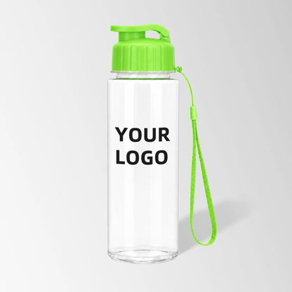 17 oz flip-top plastic water bottle with carry strap in green