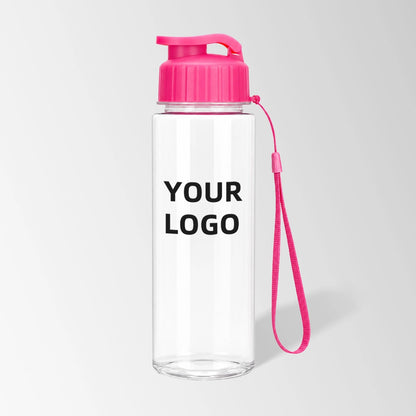 17 oz flip-top plastic water bottle with carry strap in hot pink