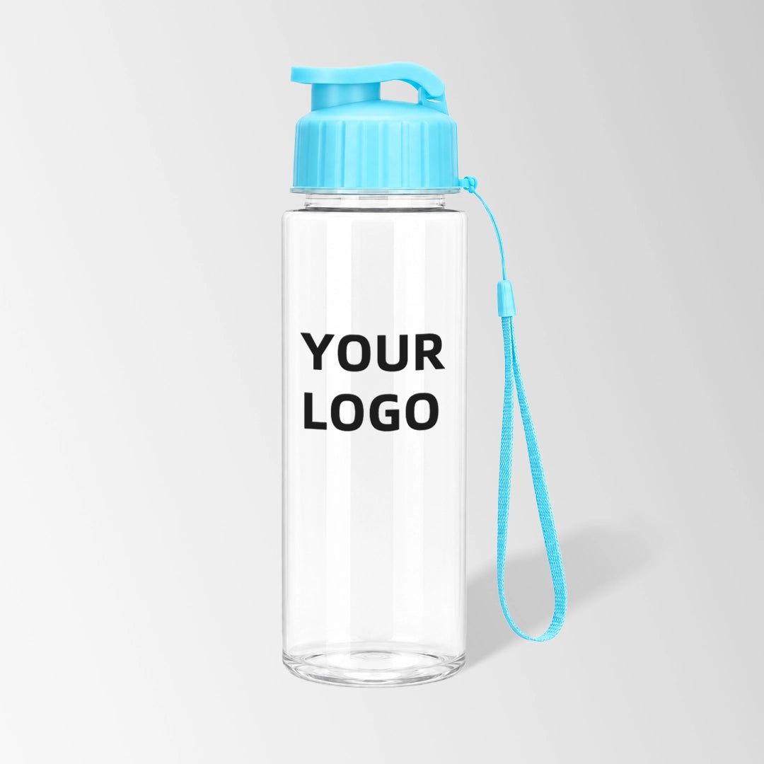 17 oz flip-top plastic water bottle with carry strap in light blue