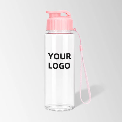17 oz flip-top plastic water bottle with carry strap in pink