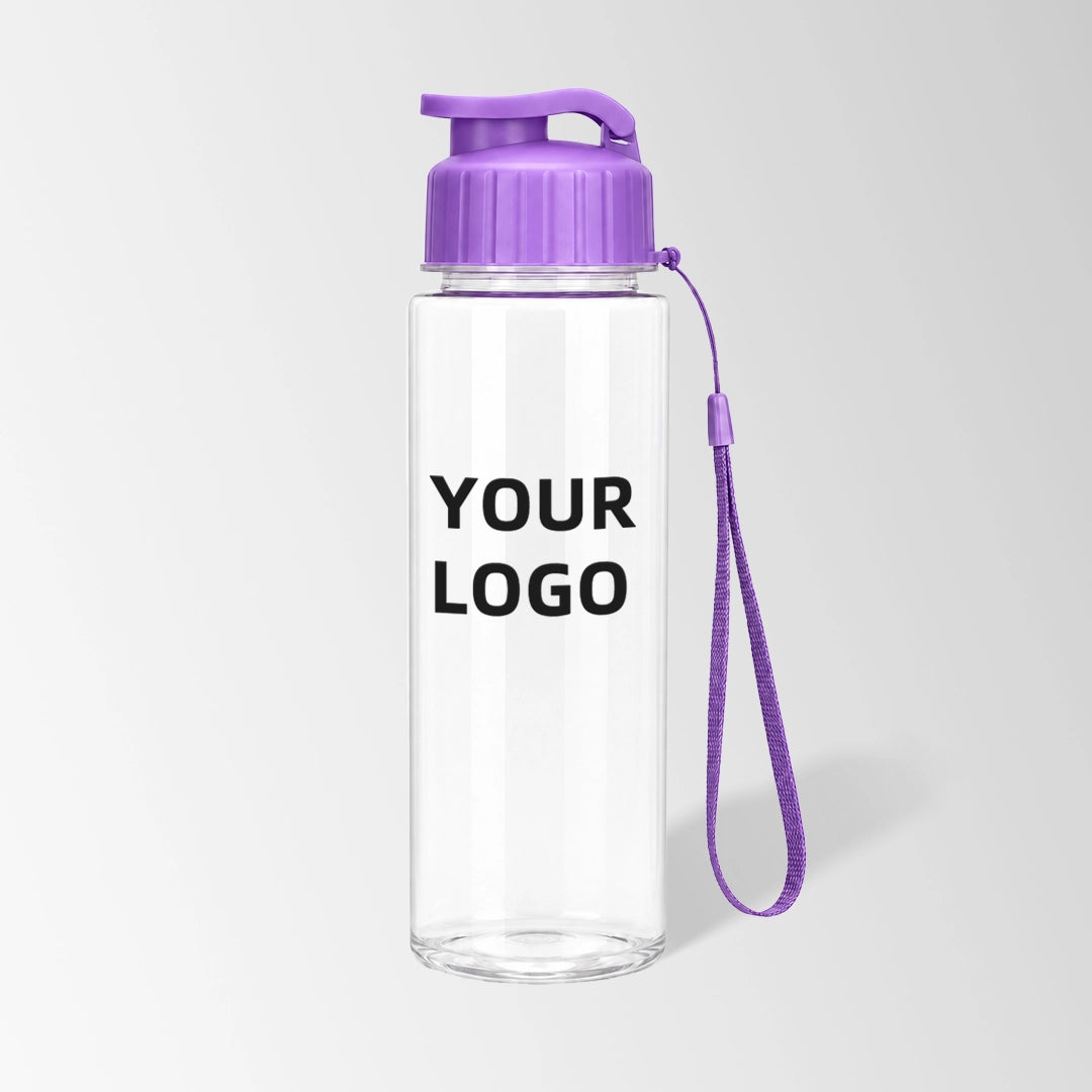 17 oz flip-top plastic water bottle with carry strap in purple