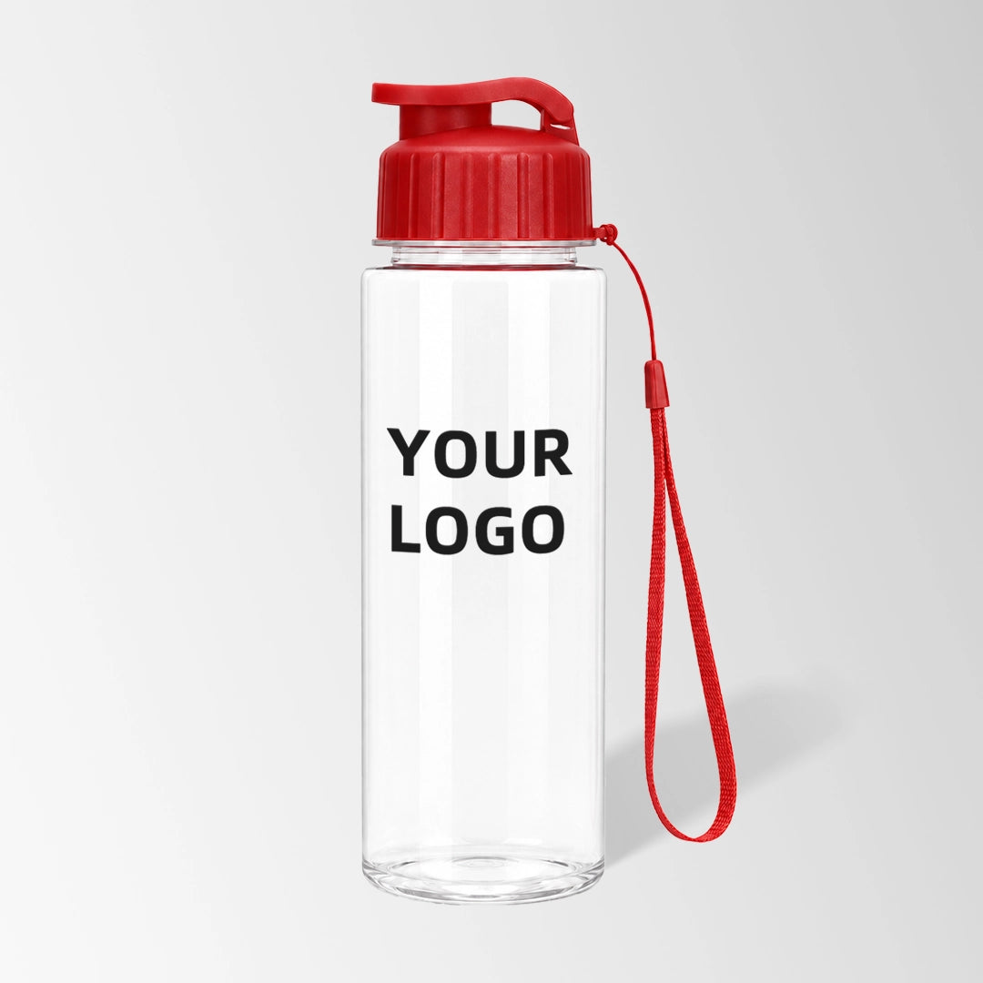 17 oz flip-top plastic water bottle with carry strap in red