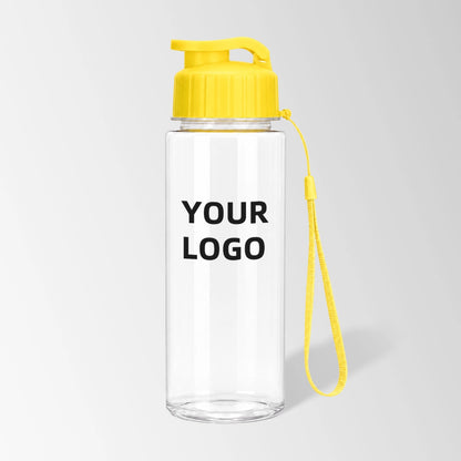 17 oz flip-top plastic water bottle with carry strap in yellow