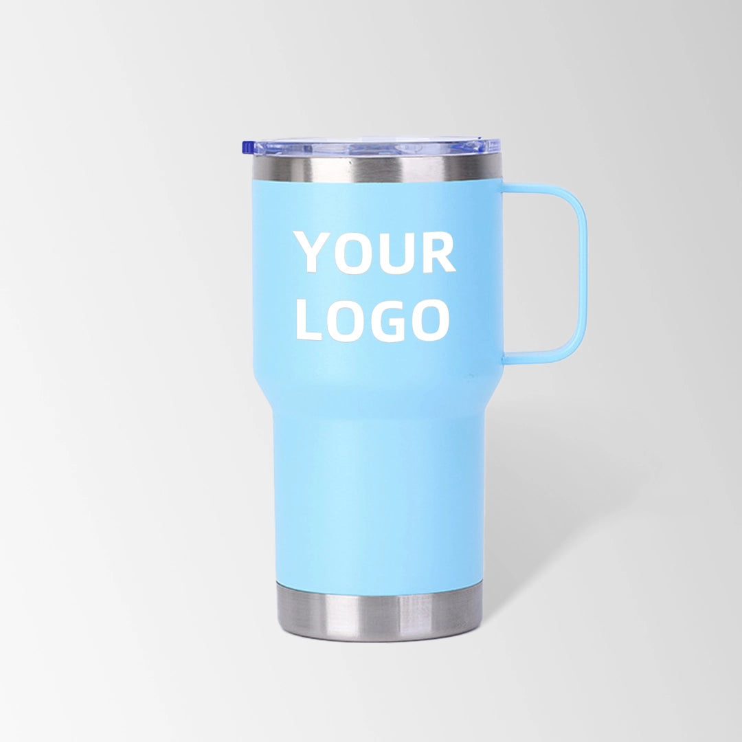 Sky blue travel tumbler with handle custom logo