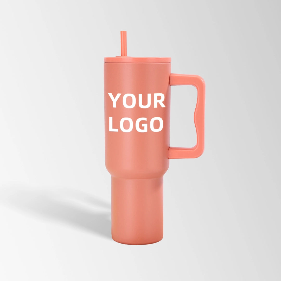 Coral tumbler with handle and straw custom logo