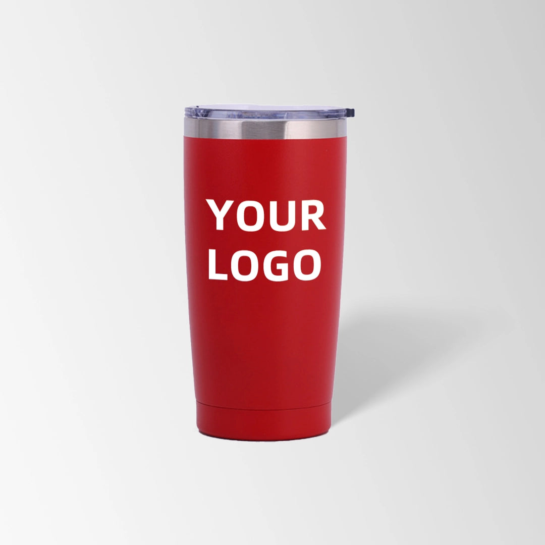 Red vacuum insulated tumbler custom logo
