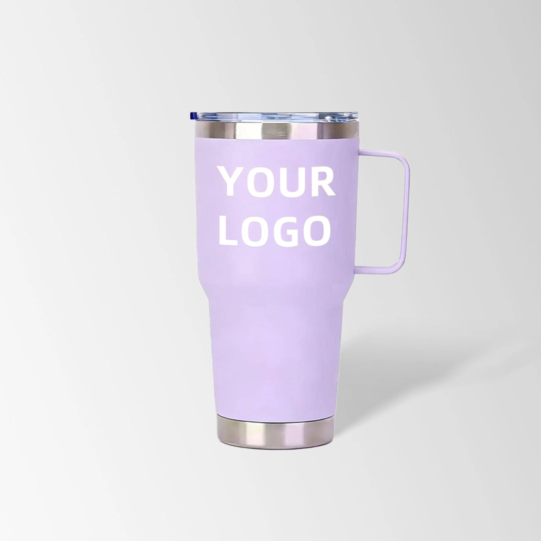 Purple tumbler with handle custom logo