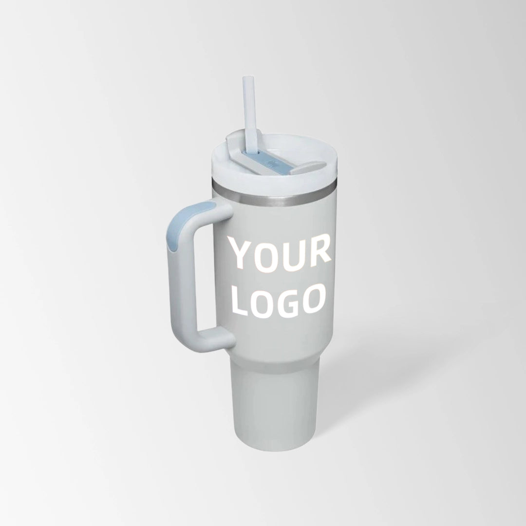 Mist gray insulated tumbler with handle custom logo