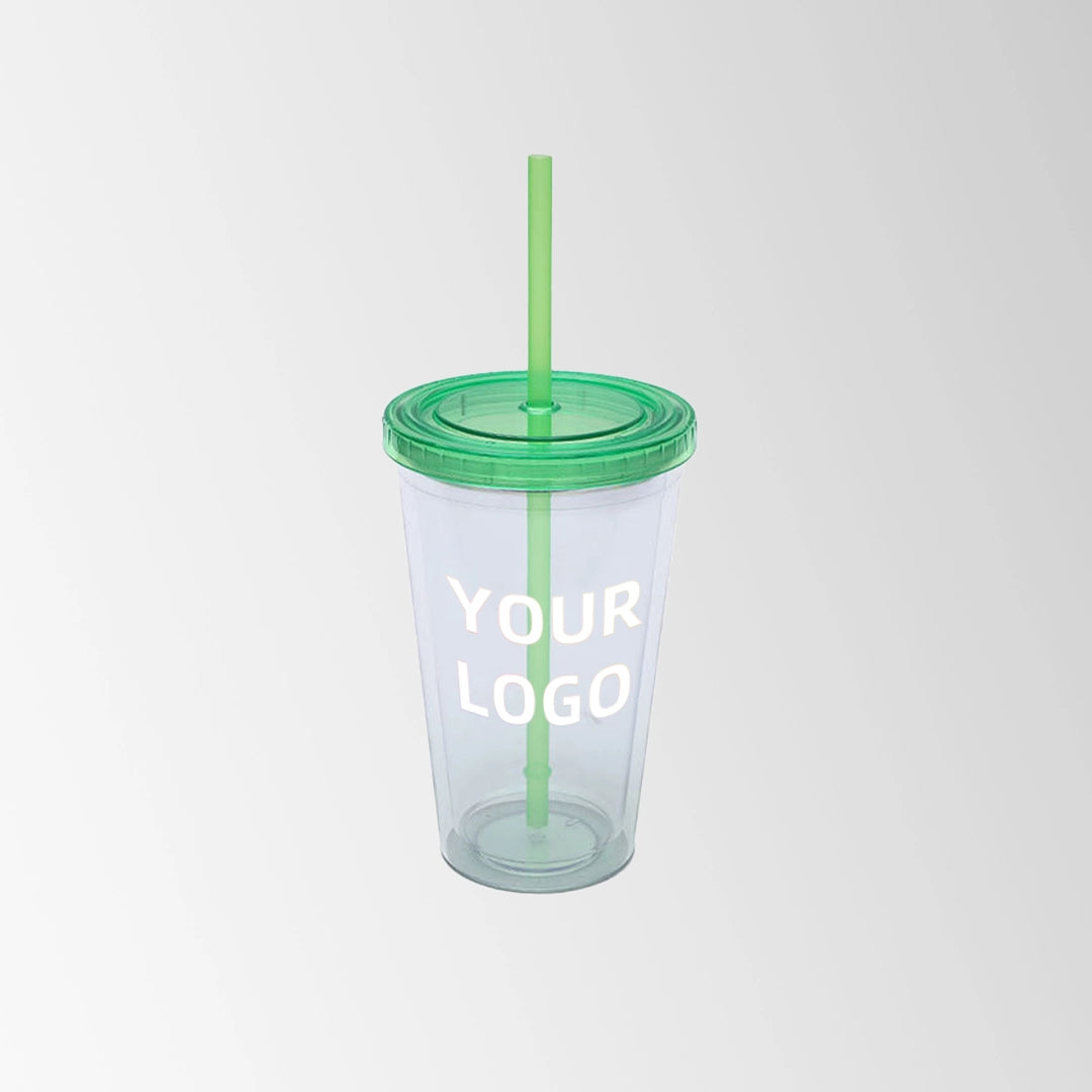 plastic tumbler with green lid and straw custom logo