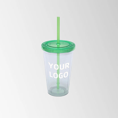 plastic tumbler with green lid and straw custom logo