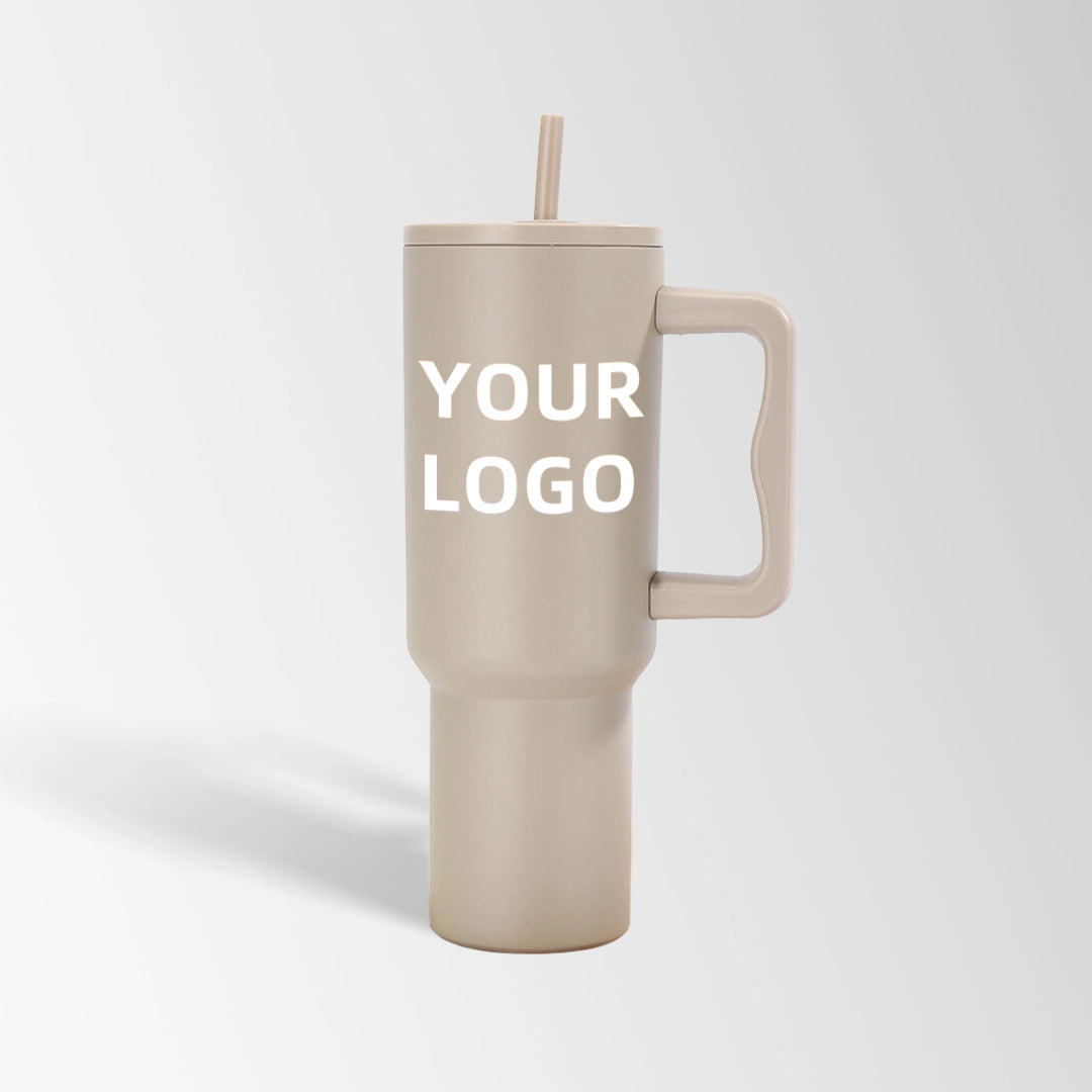 Khaki tumbler with handle and straw custom logo
