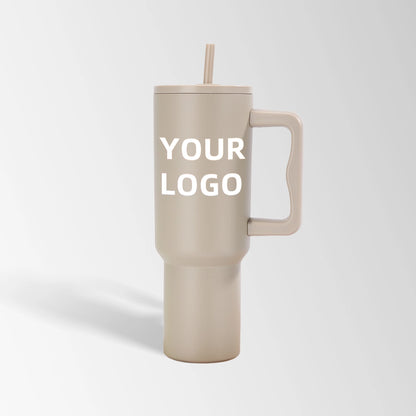 Khaki tumbler with handle and straw custom logo