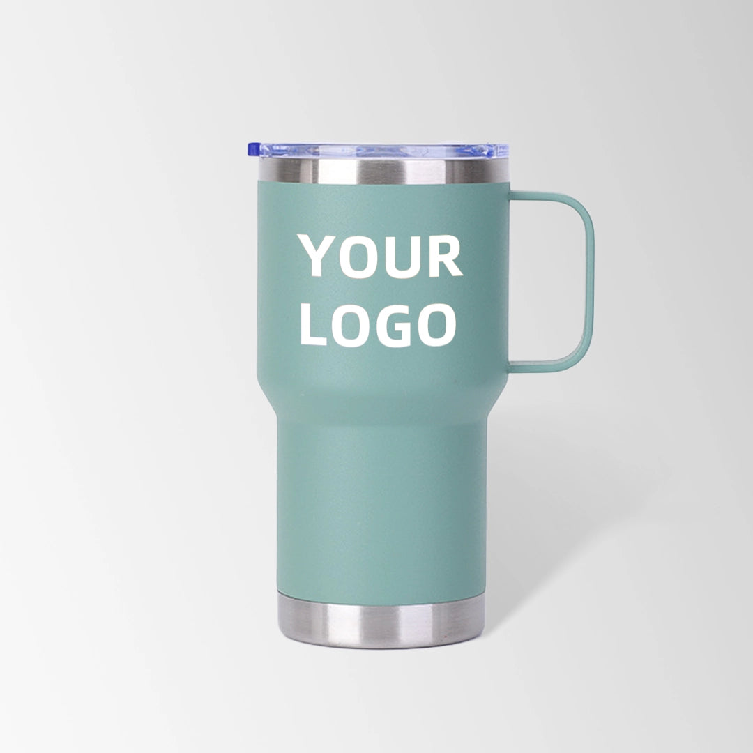 Teal green travel tumbler with handle custom logo