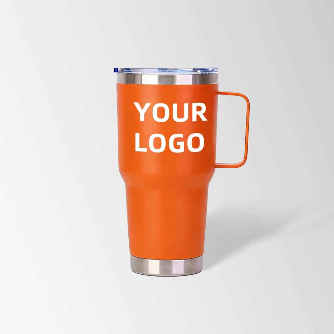 Orange tumbler with handle custom logo