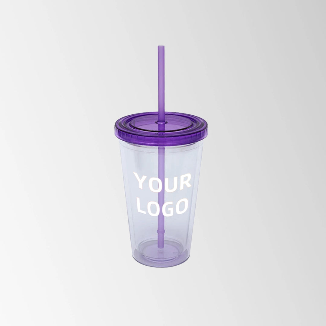 plastic tumbler with purple lid and straw custom logo