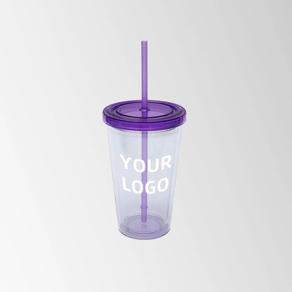 plastic tumbler with purple lid and straw custom logo