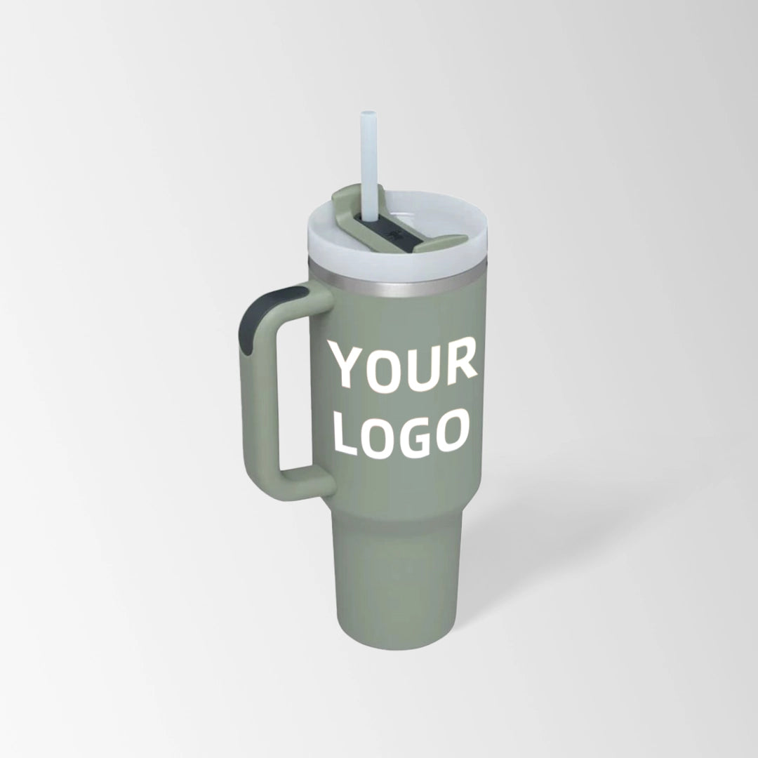 Sage green insulated tumbler with handle custom logo