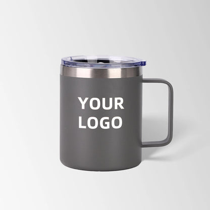 Gray insulated coffee mug with lid custom logo