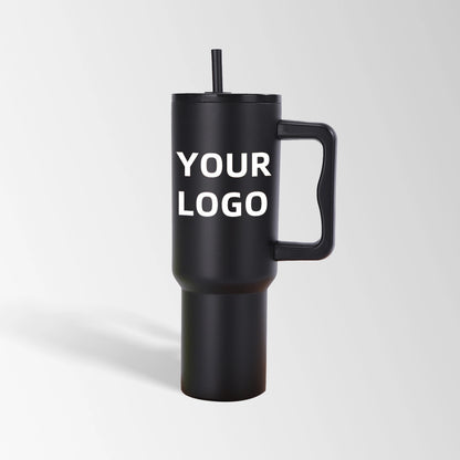 Black tumbler with handle and straw custom logo