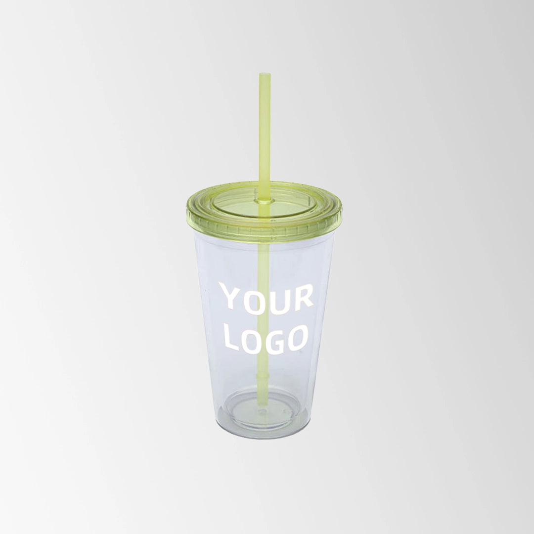plastic tumbler with yellow lid and straw custom logo