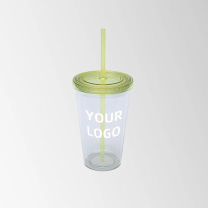 plastic tumbler with yellow lid and straw custom logo