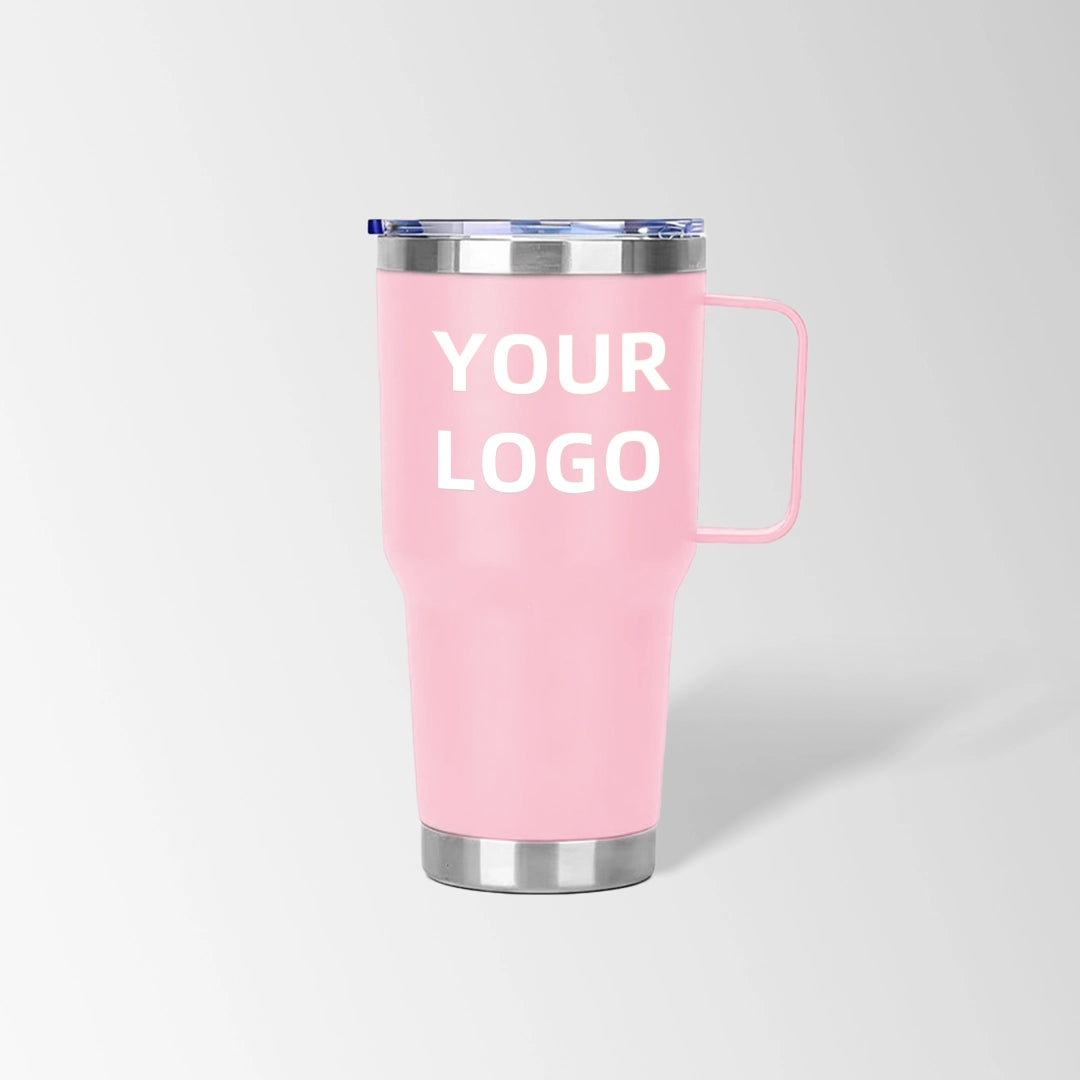 Pink tumbler with handle custom logo