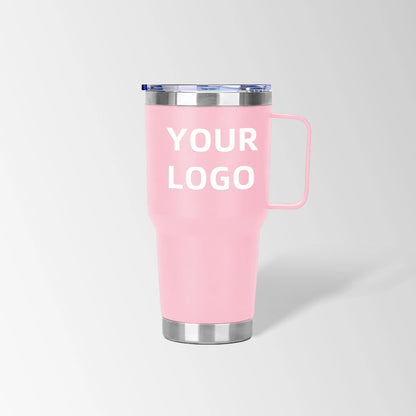 Pink tumbler with handle custom logo