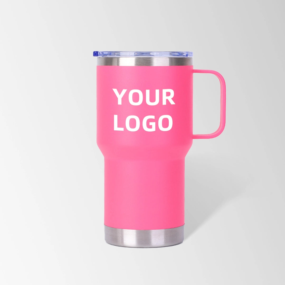 Hot pink travel tumbler with handle custom logo