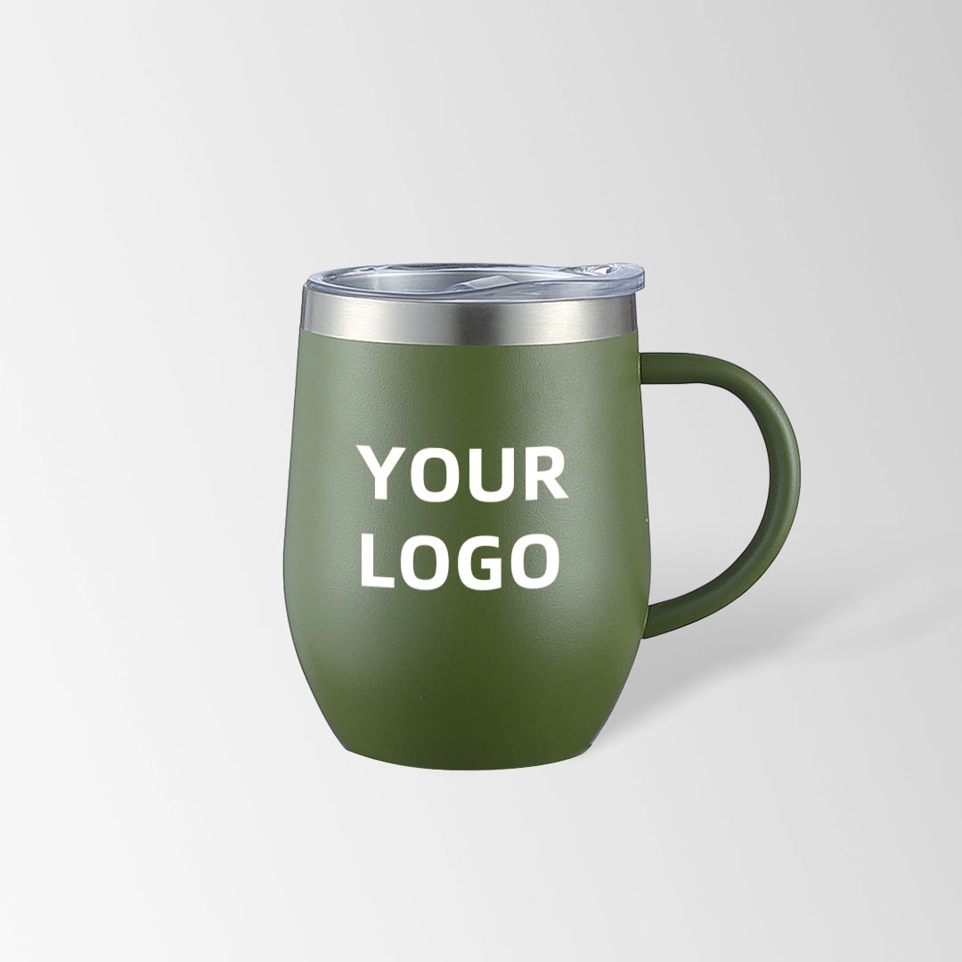 Olive green insulated coffee mug with handle custom logo