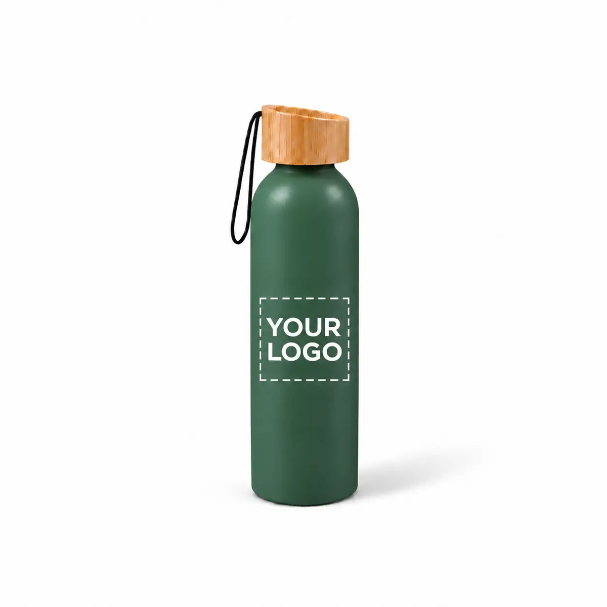20 oz Green aluminum water bottle with bamboo lid and carry strap