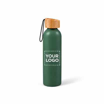 20 oz Green aluminum water bottle with bamboo lid and carry strap