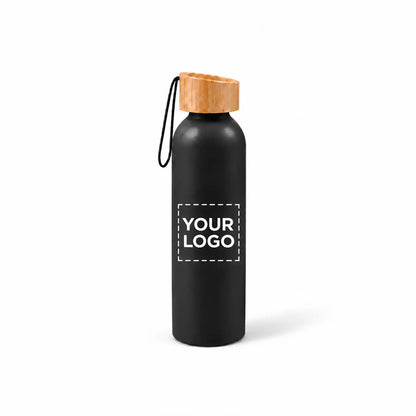 20 oz black aluminum water bottle with bamboo lid and carry strap