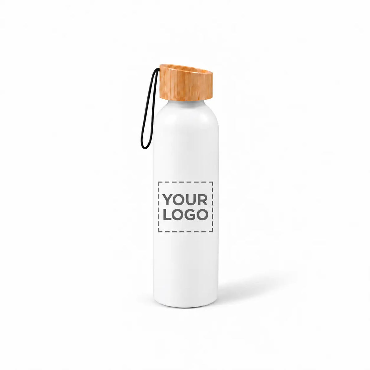 20 oz white aluminum water bottle with bamboo lid and carry strap