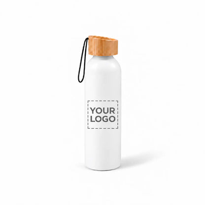 20 oz white aluminum water bottle with bamboo lid and carry strap