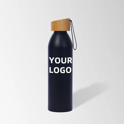 20 oz black aluminum water bottle with bamboo lid and carry strap