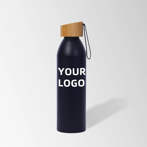 20 oz black aluminum water bottle with bamboo lid and carry strap