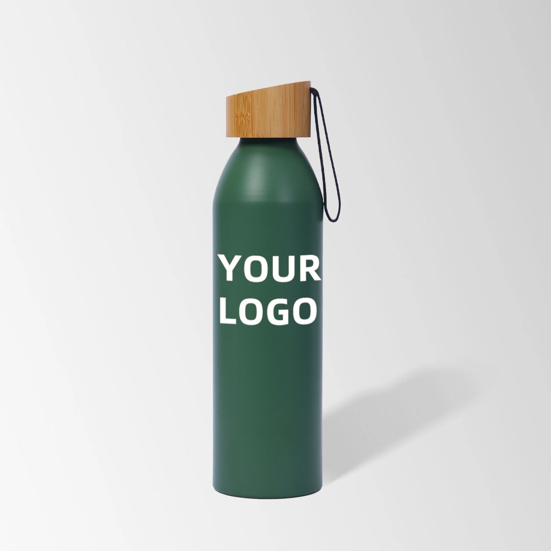 20 oz green aluminum water bottle with bamboo lid and carry strap