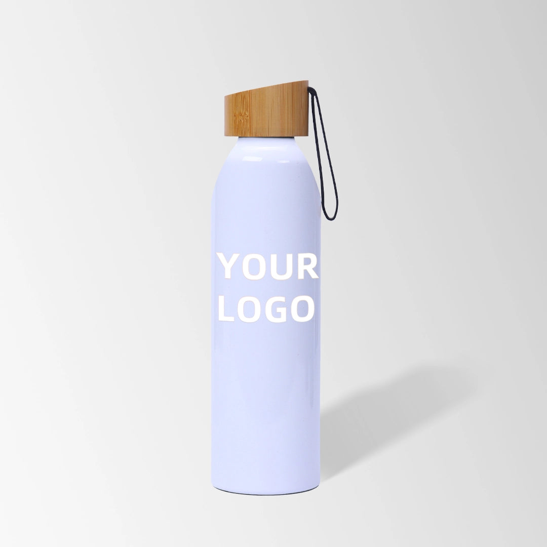 20 oz white aluminum water bottle with bamboo lid and carry strap