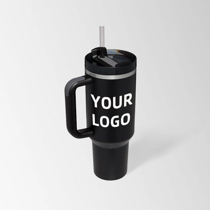Black insulated tumbler with handle custom logo